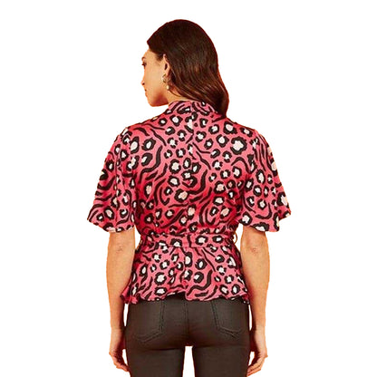 Pink - Back - Mela London Womens-Ladies Animal Print High-Neck Blouse