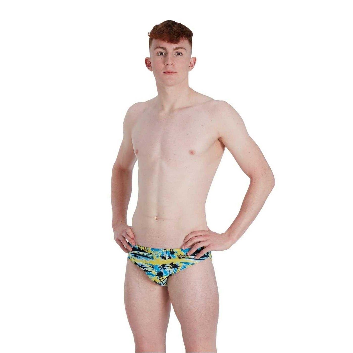 Yellow-Blue - Side - Speedo Mens Escape Palm Tree Swim Briefs