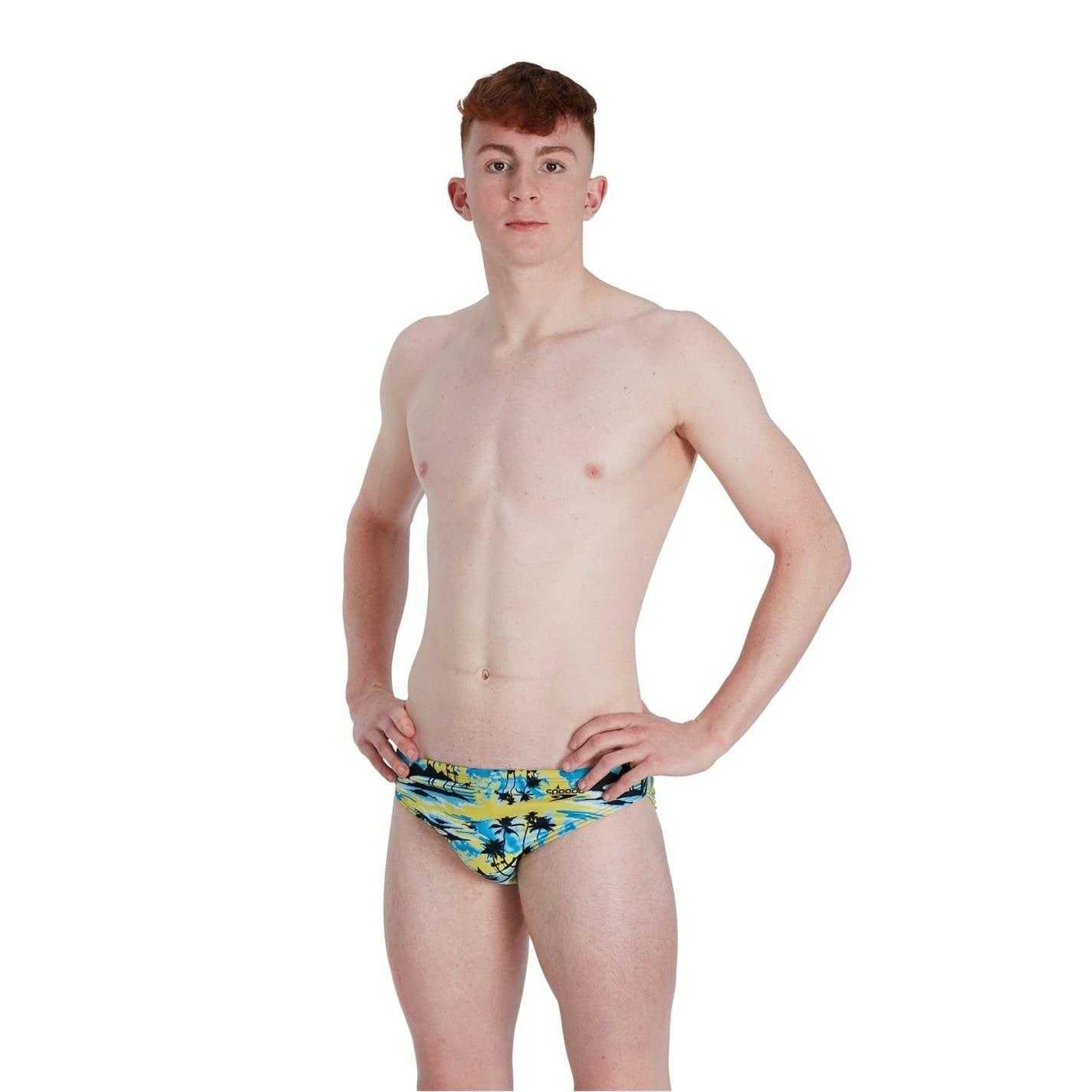 Yellow-Blue - Side - Speedo Mens Escape Palm Tree Swim Briefs