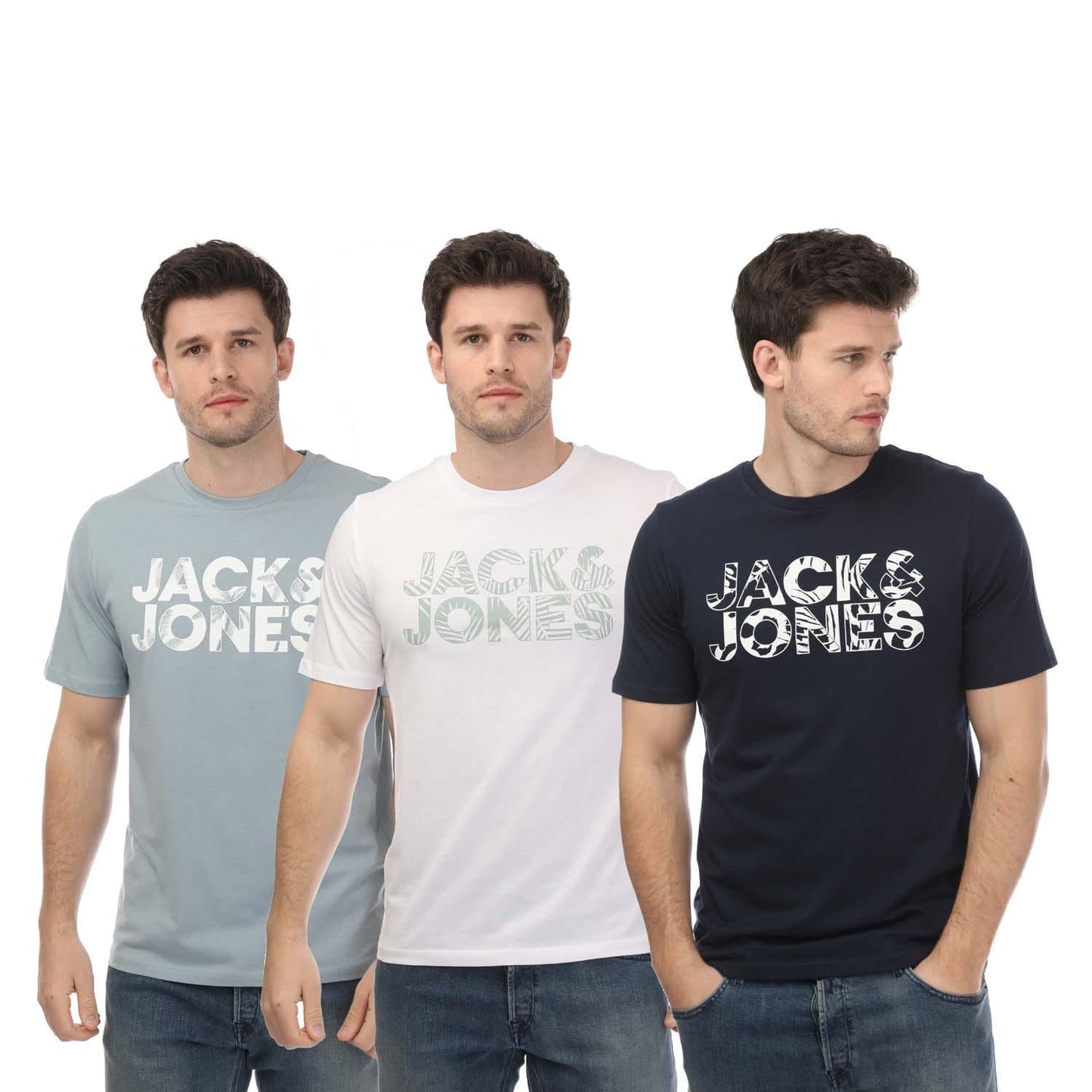 Blue-White-Grey - Front - Jack And Jones Mens Floral Crew Neck T-Shirt (Pack of 3)