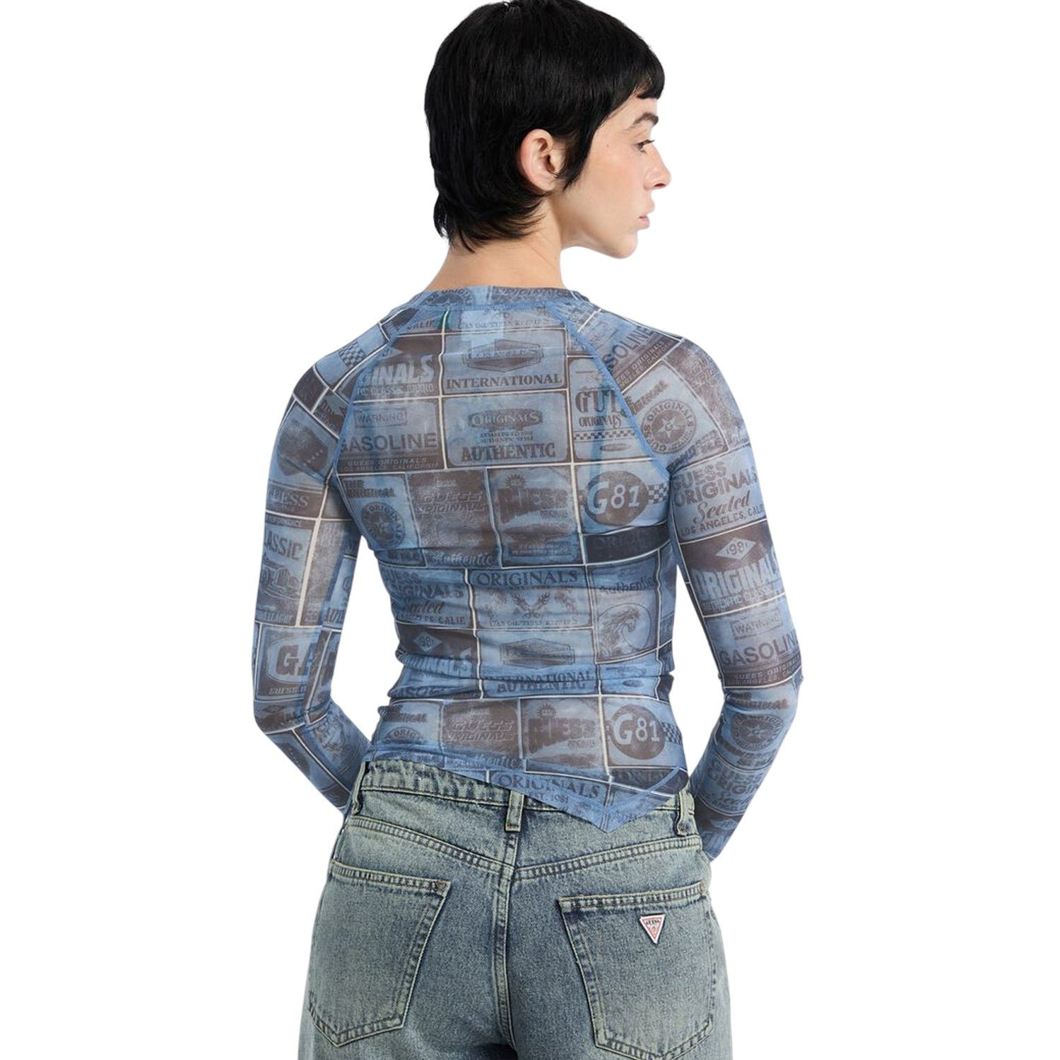 Blue - Back - Guess Womens-Ladies Lettering Mesh Slim Raglan T-Shirt