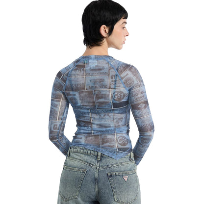 Blue - Back - Guess Womens-Ladies Lettering Mesh Slim Raglan T-Shirt