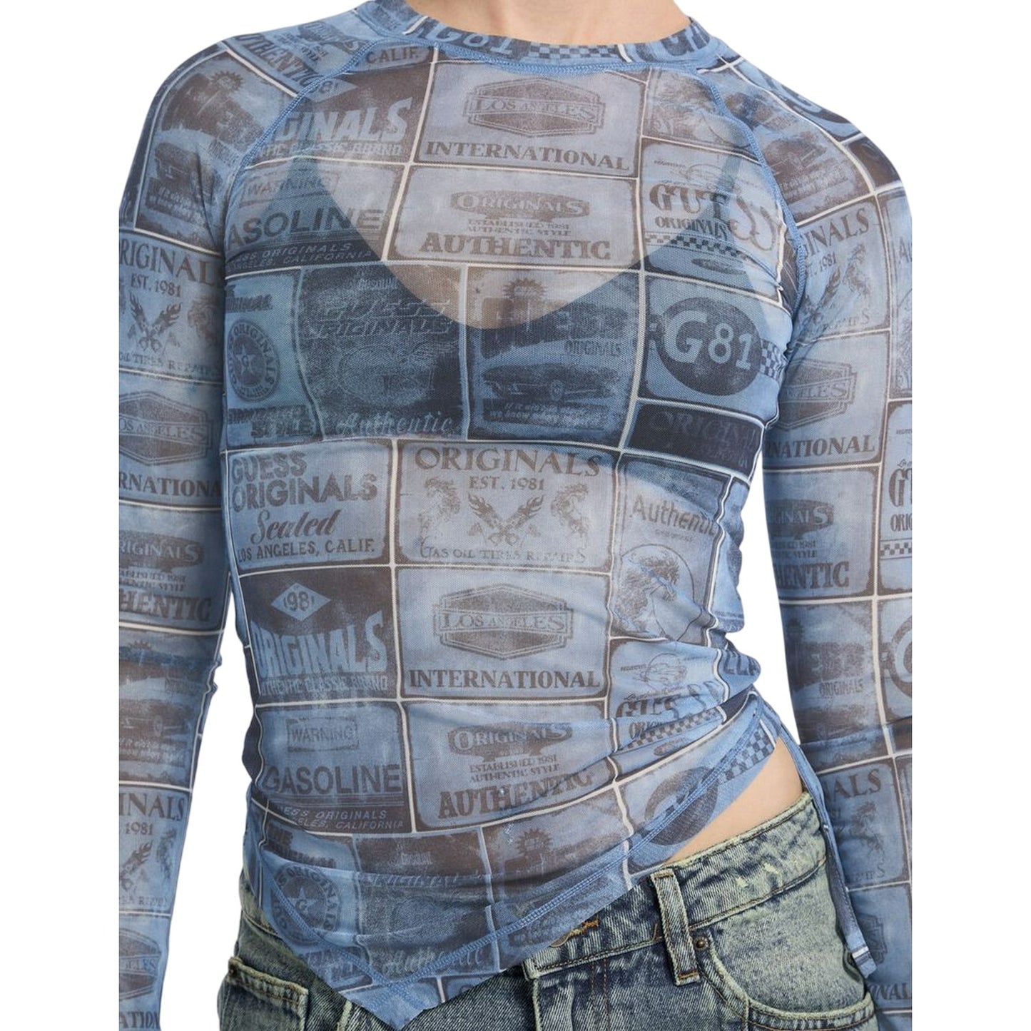 Blue - Lifestyle - Guess Womens-Ladies Lettering Mesh Slim Raglan T-Shirt