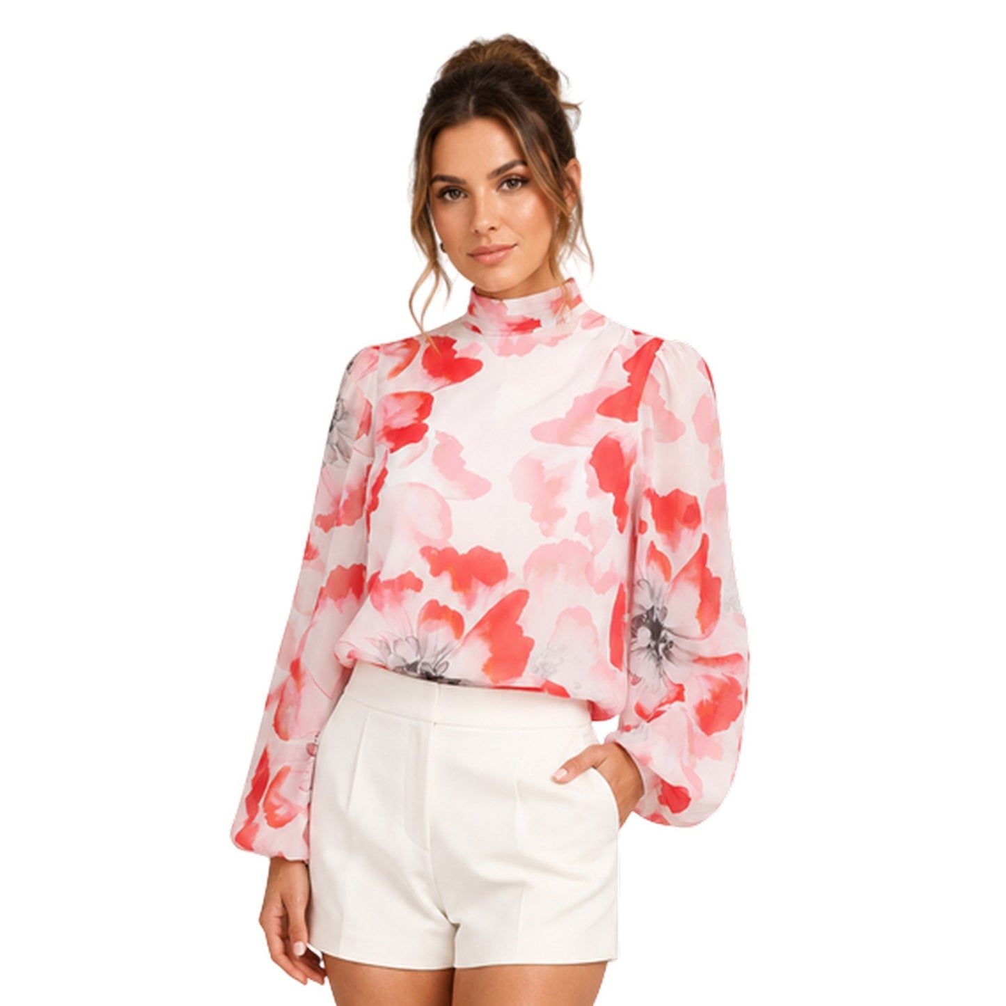 Ivory - Side - Ted Baker Womens-Ladies Floral High-Neck Relaxed Fit Balloon Sleeve Blouse