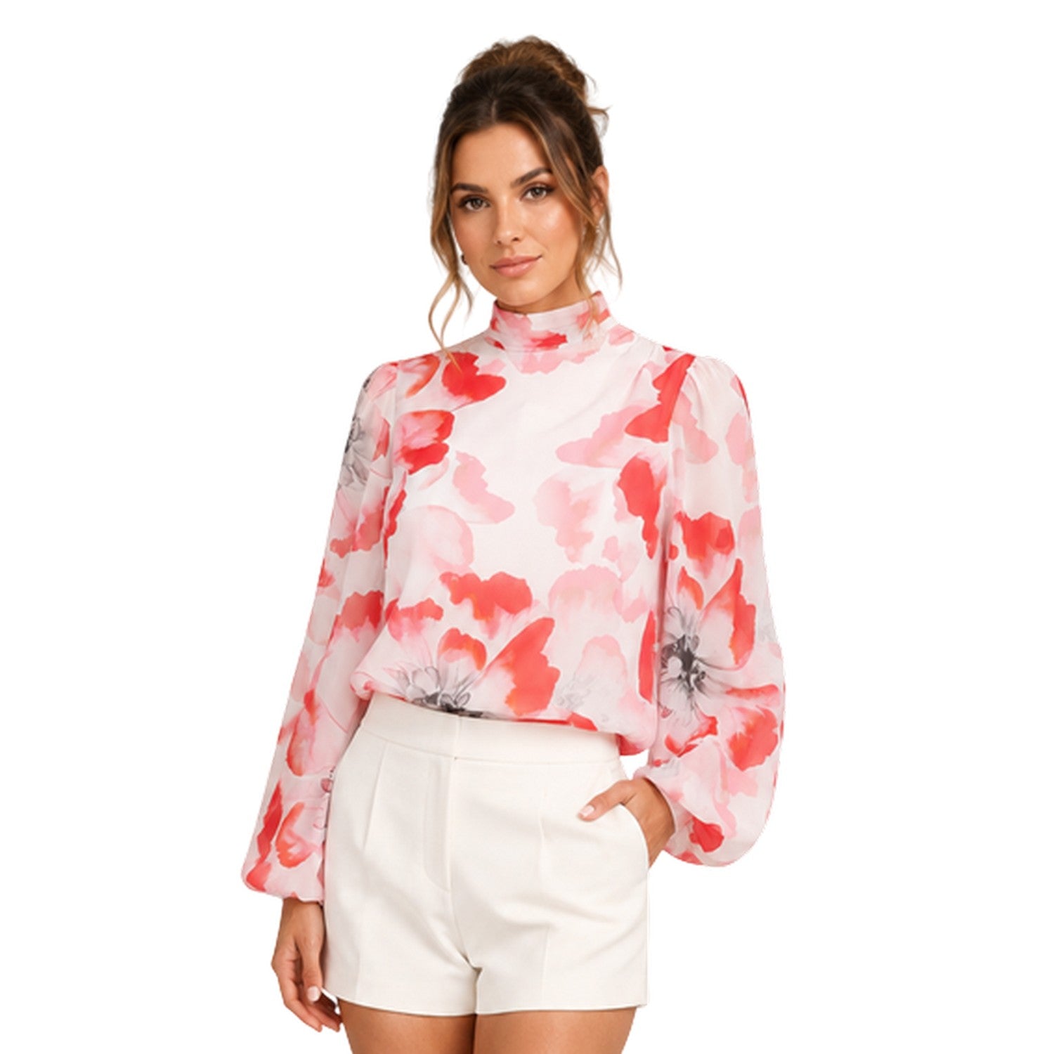 Ivory - Side - Ted Baker Womens-Ladies Floral High-Neck Relaxed Fit Balloon Sleeve Blouse
