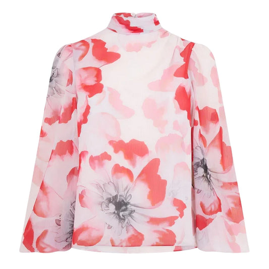 Ivory - Front - Ted Baker Womens-Ladies Floral High-Neck Relaxed Fit Balloon Sleeve Blouse