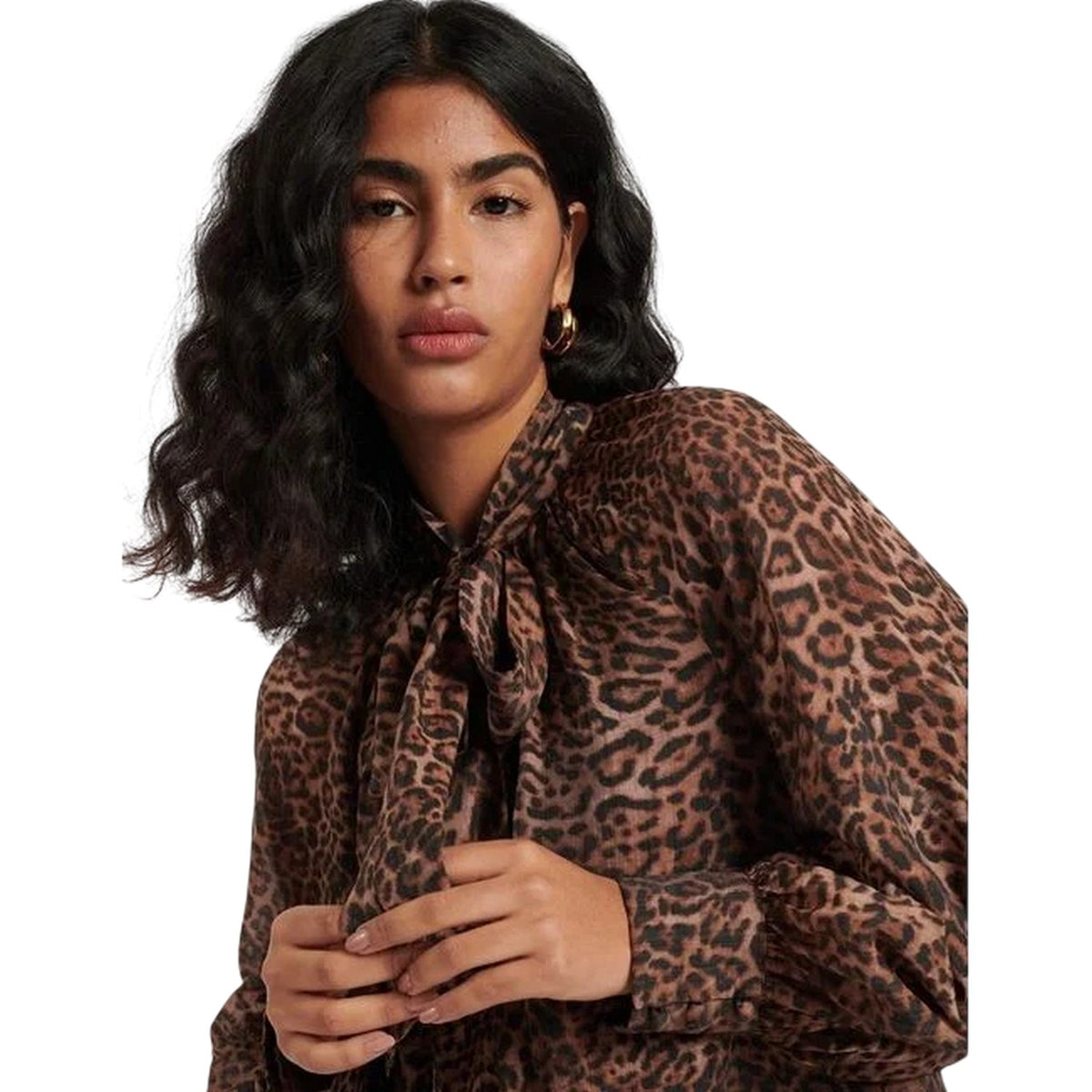 Brown - Side - Nobody´s Child Womens-Ladies Leopard Print Tie Neck Relaxed Fit Long-Sleeved Blouse