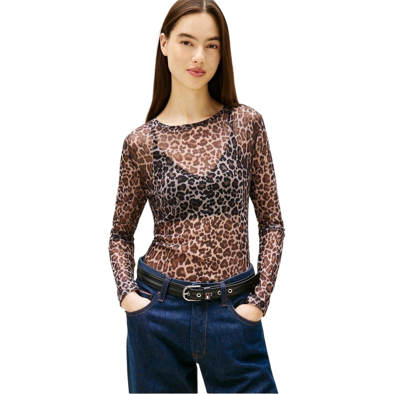 Brown-Beige - Lifestyle - Tommy Jeans Womens-Ladies Leopard Print Mesh Long-Sleeved T-Shirt