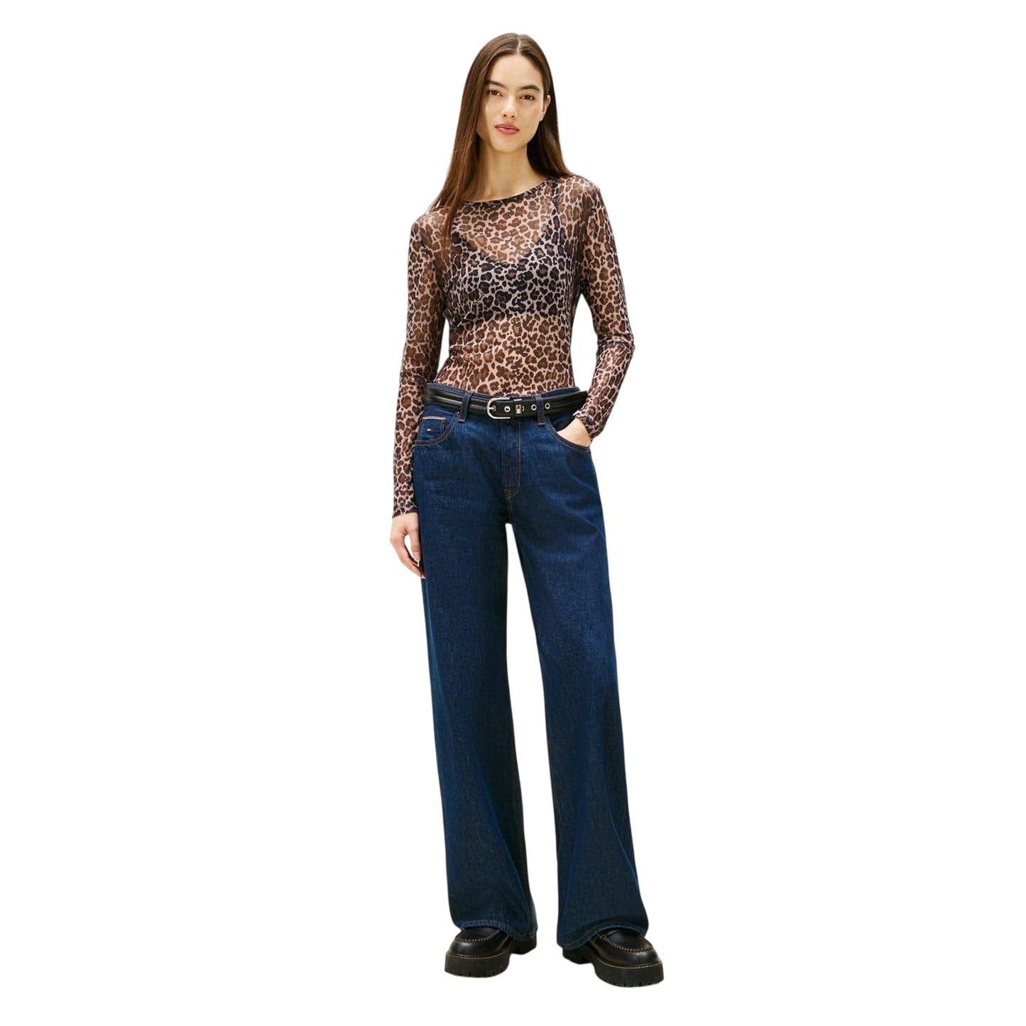 Brown-Beige - Pack Shot - Tommy Jeans Womens-Ladies Leopard Print Mesh Long-Sleeved T-Shirt