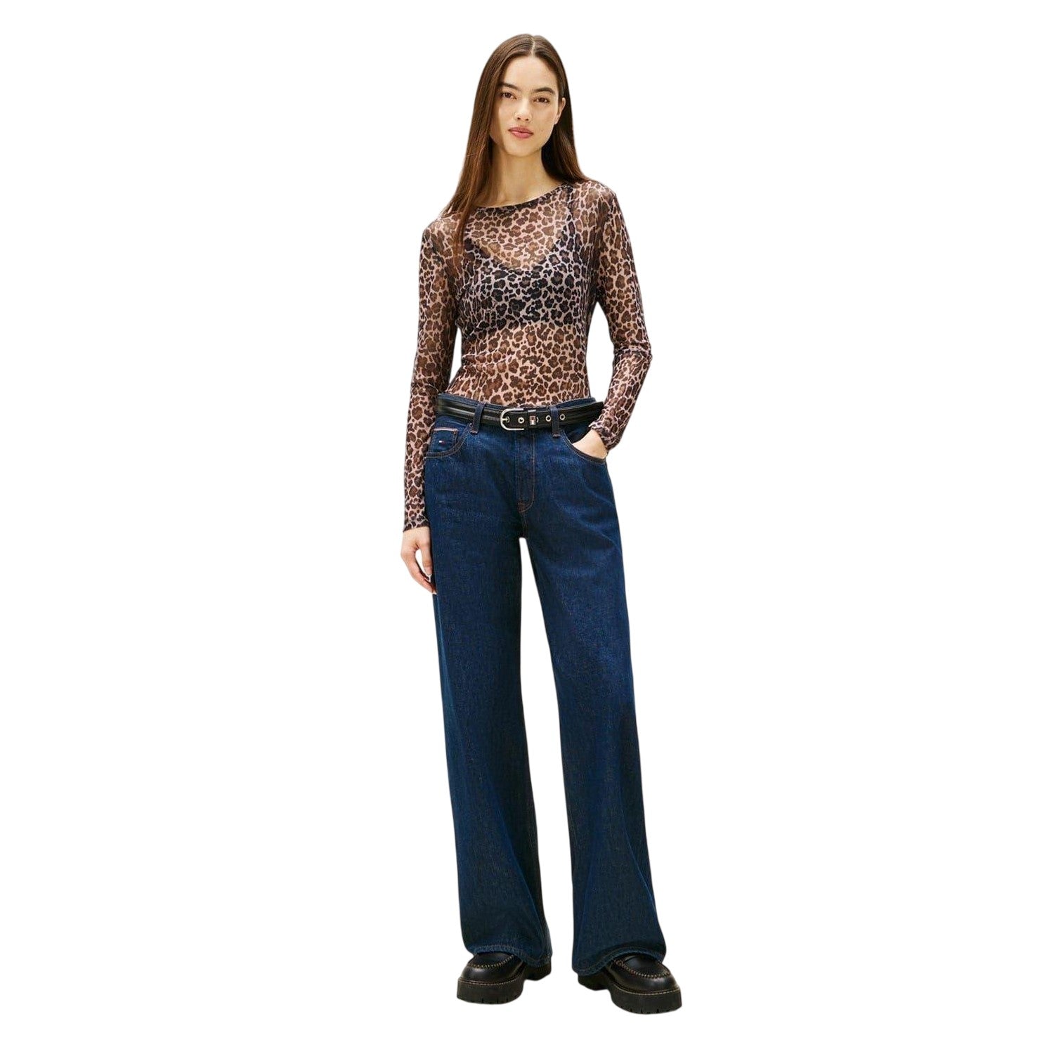 Brown-Beige - Pack Shot - Tommy Jeans Womens-Ladies Leopard Print Mesh Long-Sleeved T-Shirt