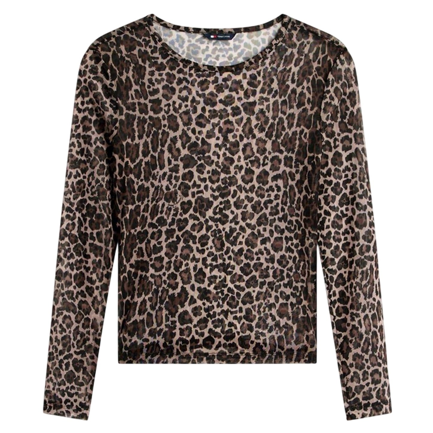 Brown-Beige - Front - Tommy Jeans Womens-Ladies Leopard Print Mesh Long-Sleeved T-Shirt