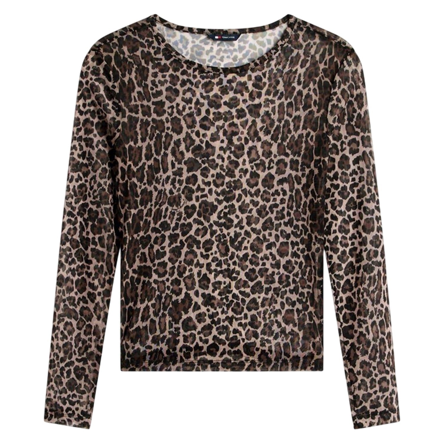 Brown-Beige - Front - Tommy Jeans Womens-Ladies Leopard Print Mesh Long-Sleeved T-Shirt