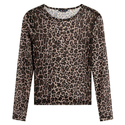 Brown-Beige - Front - Tommy Jeans Womens-Ladies Leopard Print Mesh Long-Sleeved T-Shirt
