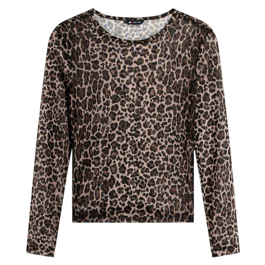 Brown-Beige - Front - Tommy Jeans Womens-Ladies Leopard Print Mesh Long-Sleeved T-Shirt