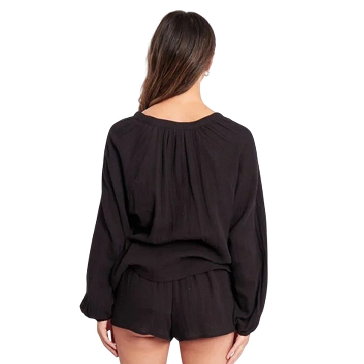 Black - Back - Influence Womens-Ladies V Neck Long-Sleeved Top & Shorts Set