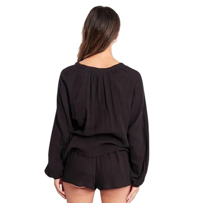 Black - Back - Influence Womens-Ladies V Neck Long-Sleeved Top & Shorts Set