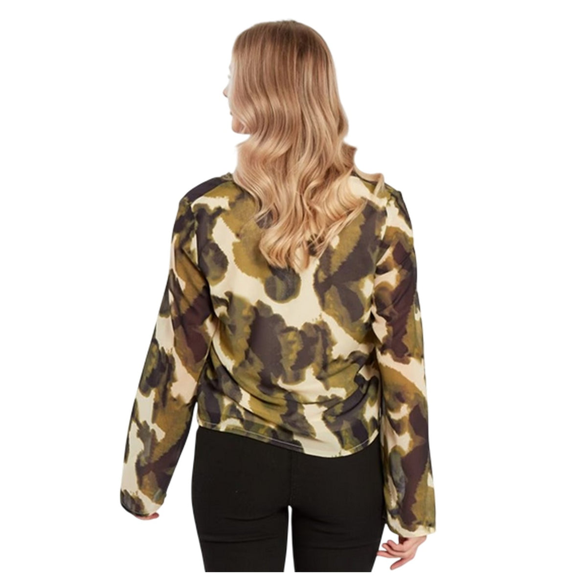 Green - Back - Influence Womens-Ladies Camouflage V Neck Long-Sleeved Blouse