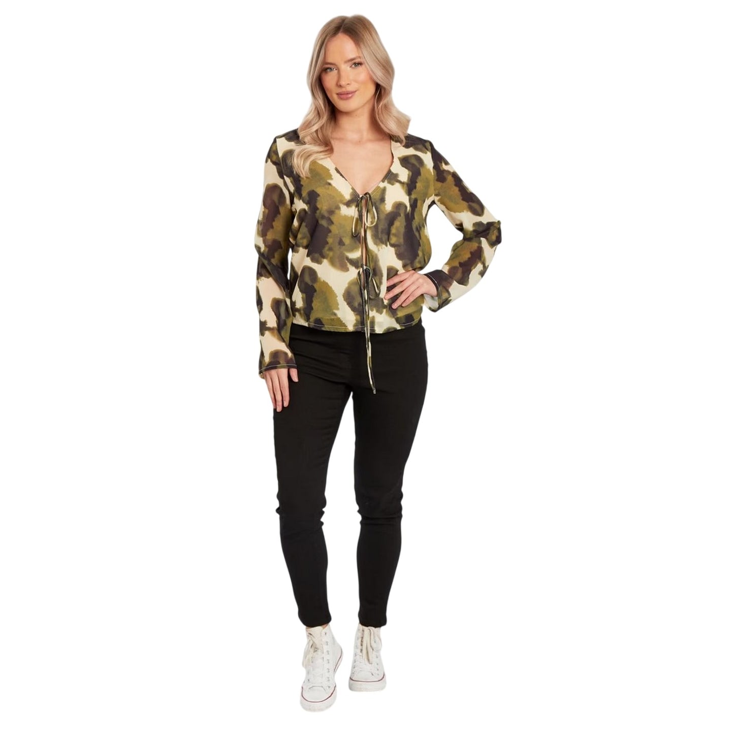 Green - Side - Influence Womens-Ladies Camouflage V Neck Long-Sleeved Blouse