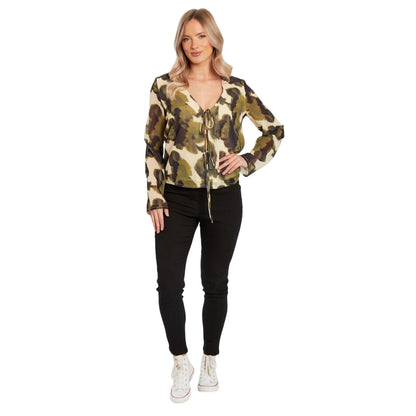 Green - Side - Influence Womens-Ladies Camouflage V Neck Long-Sleeved Blouse