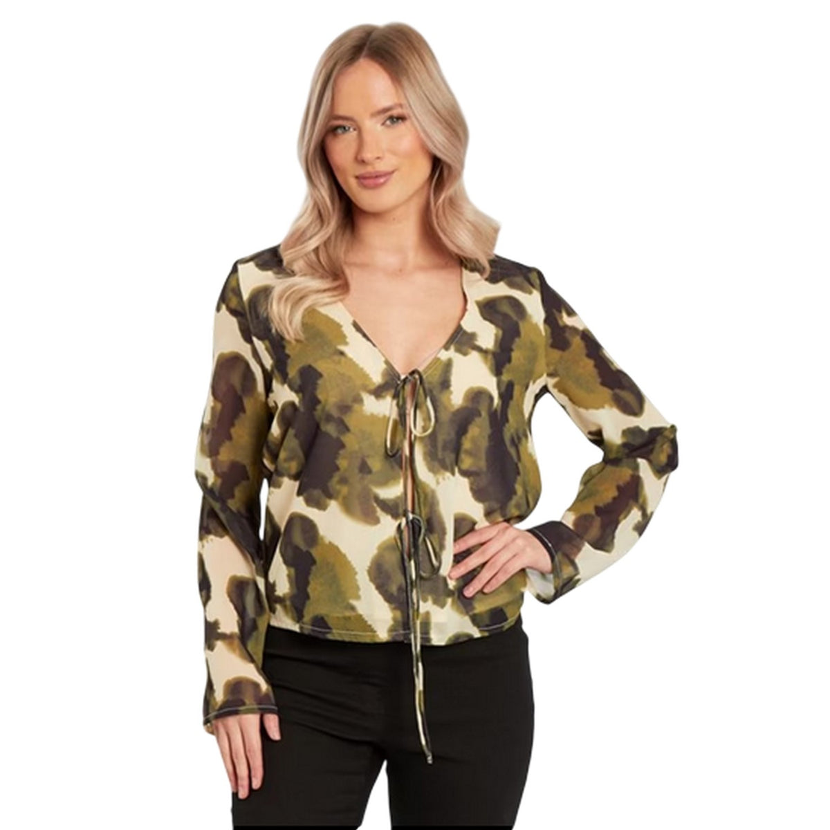 Green - Front - Influence Womens-Ladies Camouflage V Neck Long-Sleeved Blouse