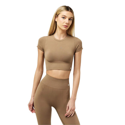 Mocha - Lifestyle - 4th & Reckless Womens-Ladies Crew Neck Slim Crop T-Shirt
