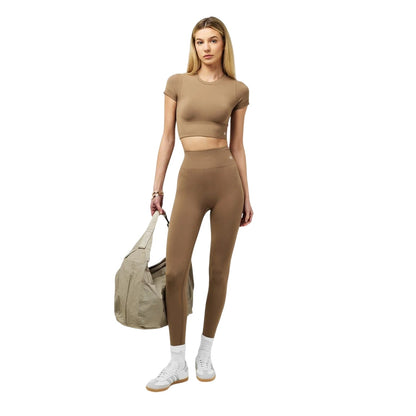 Mocha - Close up - 4th & Reckless Womens-Ladies Crew Neck Slim Crop T-Shirt