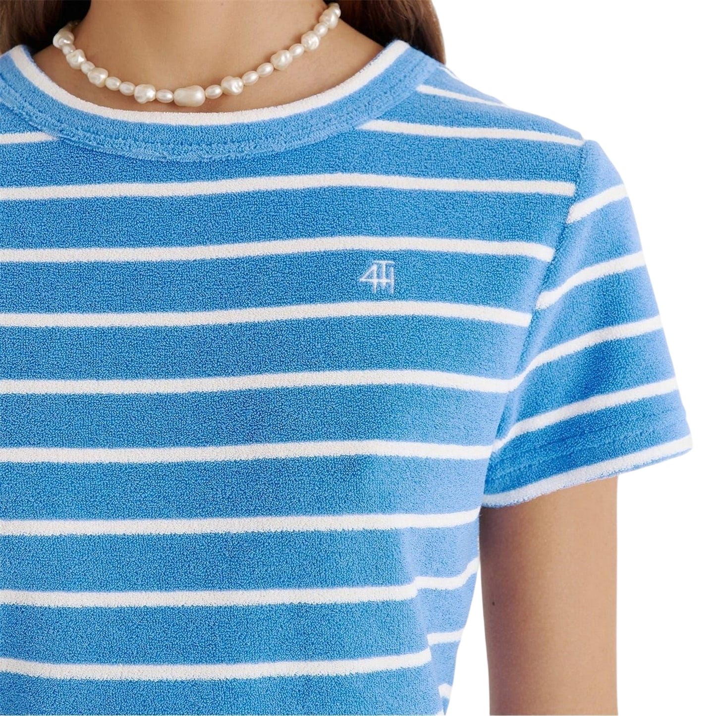 Blue-White - Side - 4th & Reckless Womens-Ladies Livia Striped Terrycloth Crew Neck Crop T-Shirt