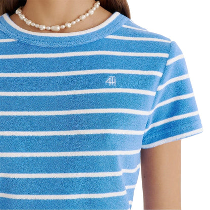 Blue-White - Side - 4th & Reckless Womens-Ladies Livia Striped Terrycloth Crew Neck Crop T-Shirt