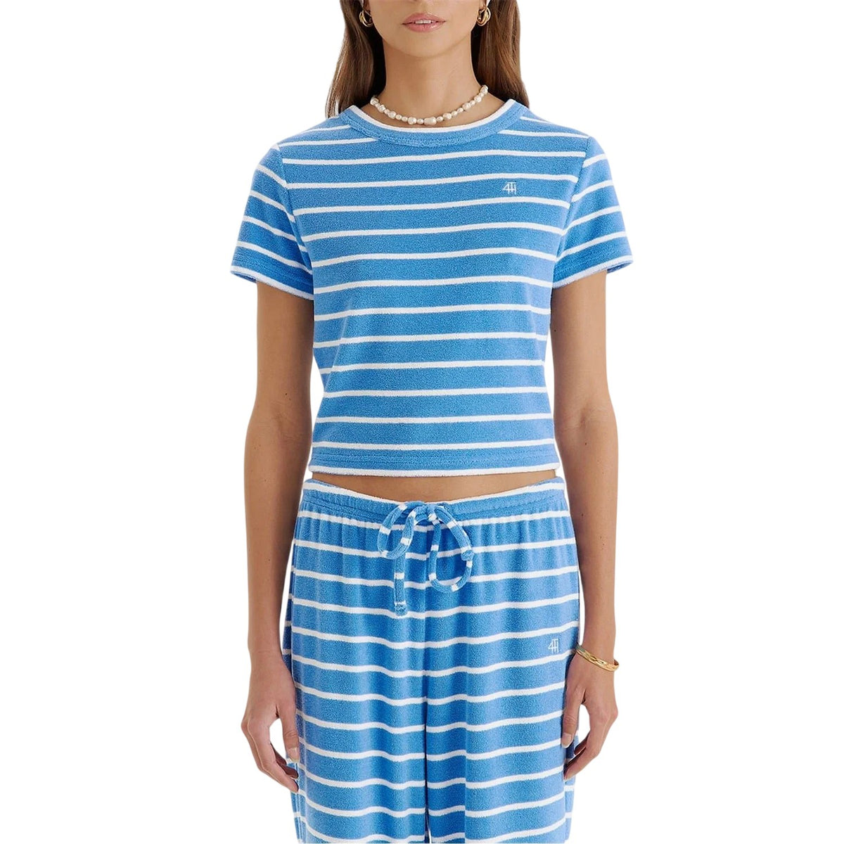 Blue-White - Lifestyle - 4th & Reckless Womens-Ladies Livia Striped Terrycloth Crew Neck Crop T-Shirt