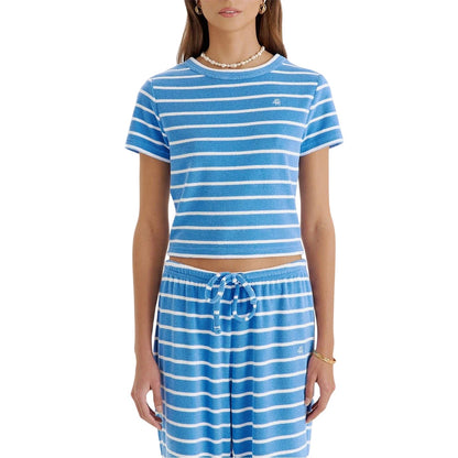 Blue-White - Lifestyle - 4th & Reckless Womens-Ladies Livia Striped Terrycloth Crew Neck Crop T-Shirt