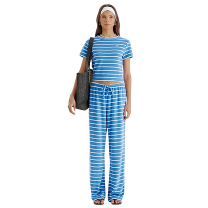 Blue-White - Pack Shot - 4th & Reckless Womens-Ladies Livia Striped Terrycloth Crew Neck Crop T-Shirt