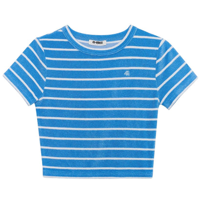 Blue-White - Front - 4th & Reckless Womens-Ladies Livia Striped Terrycloth Crew Neck Crop T-Shirt