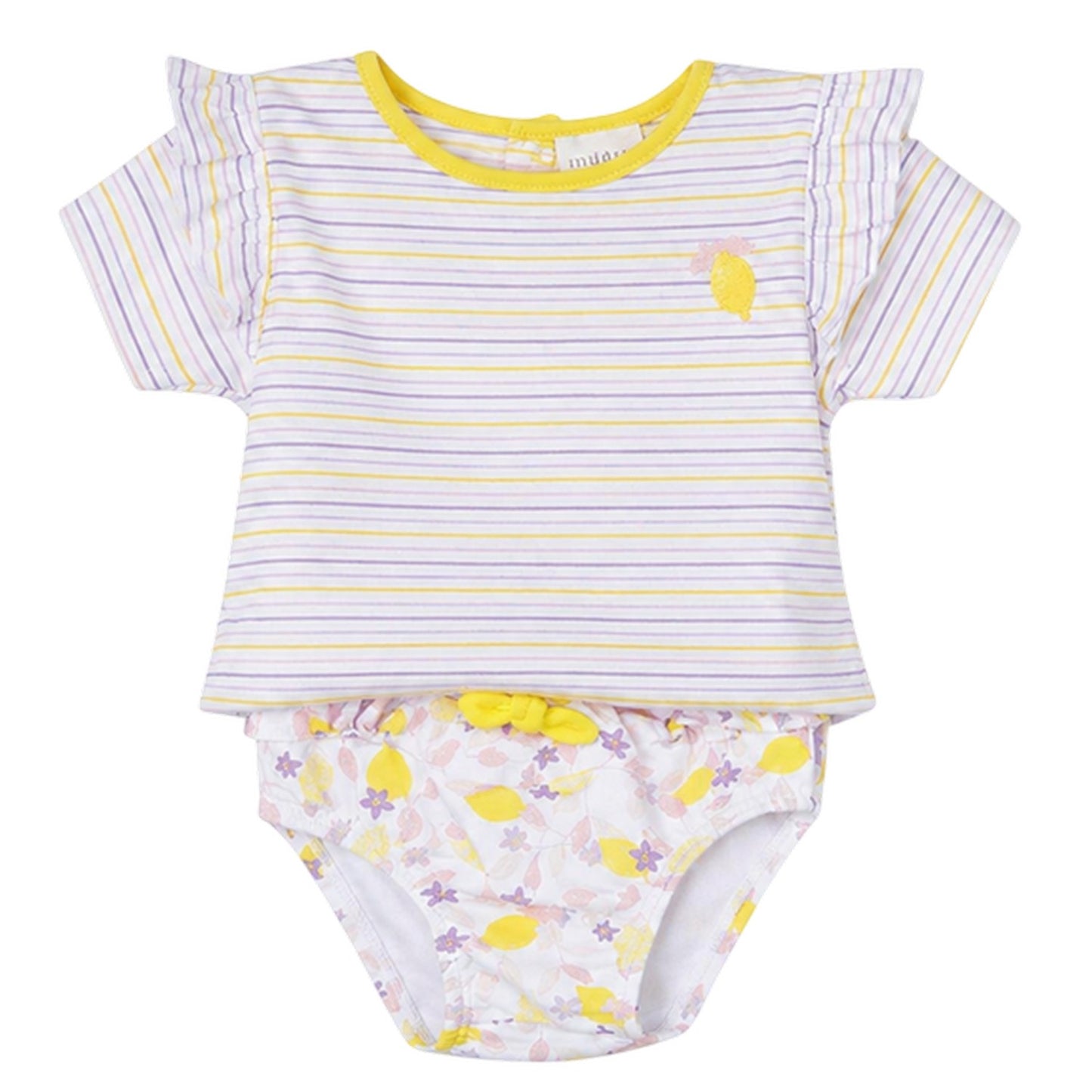 White-Yellow - Back - Carrement Beau Girls Striped Embroidered Ruffle T-Shirt