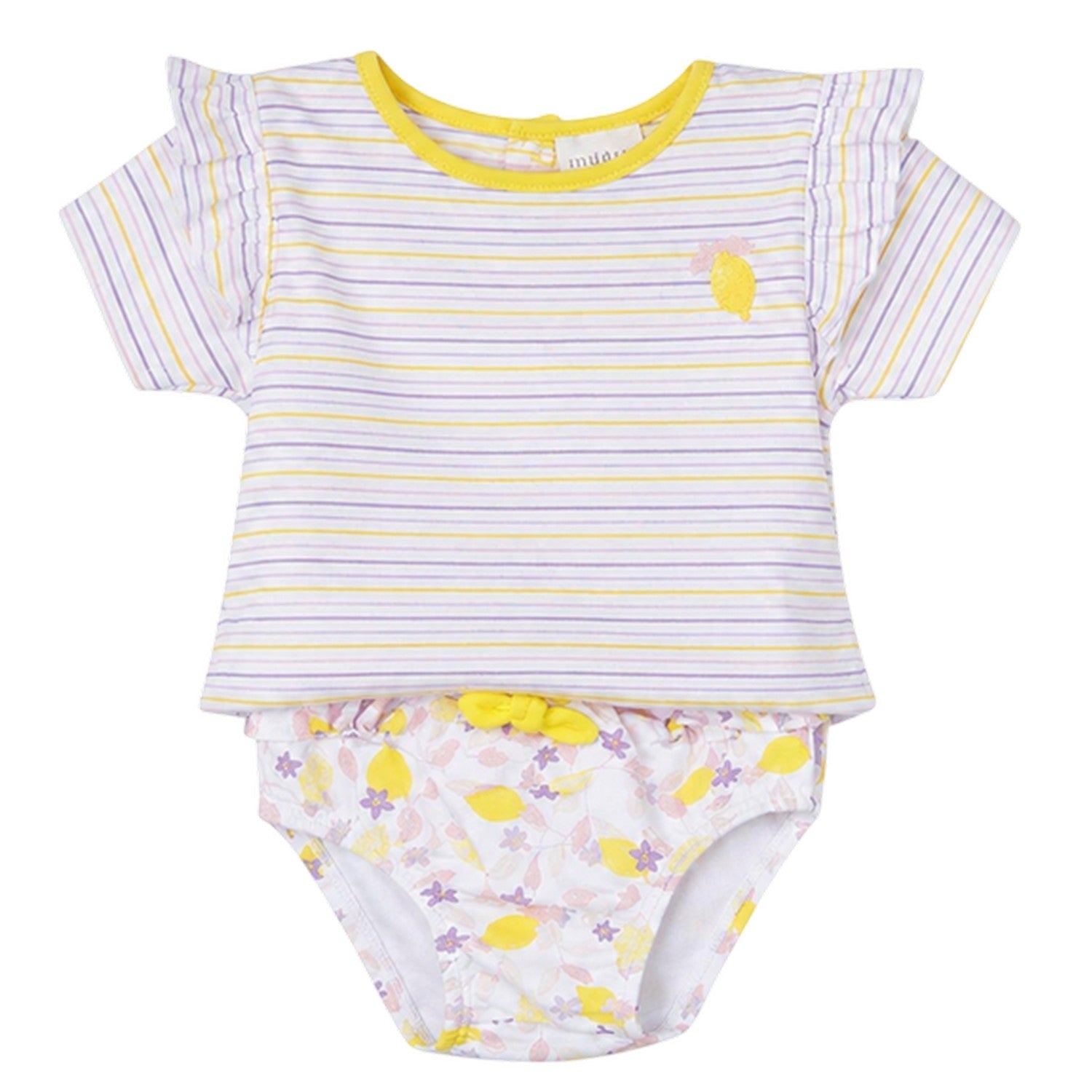 White-Yellow - Back - Carrement Beau Girls Striped Embroidered Ruffle T-Shirt