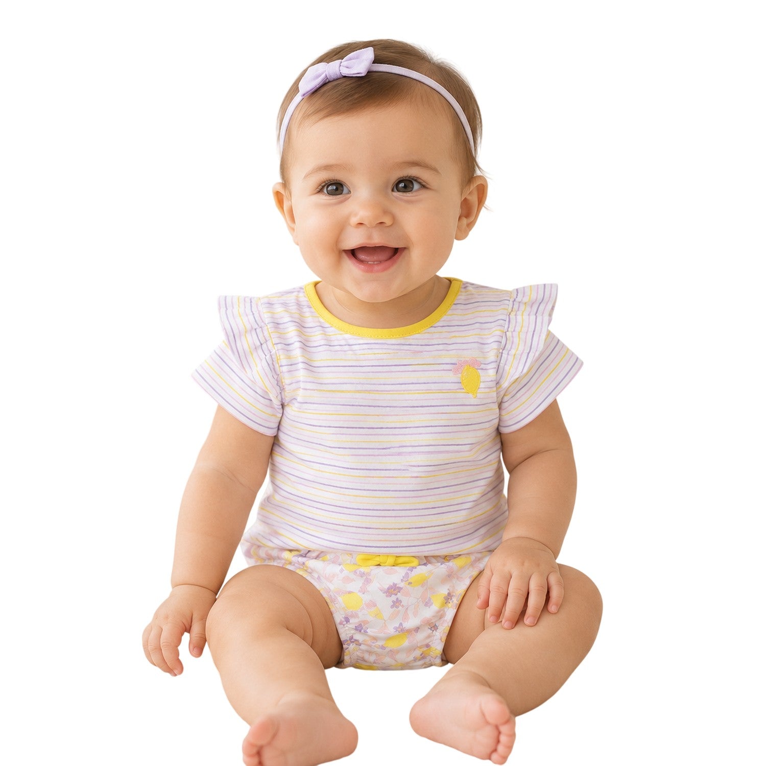 White-Yellow - Side - Carrement Beau Girls Striped Embroidered Ruffle T-Shirt