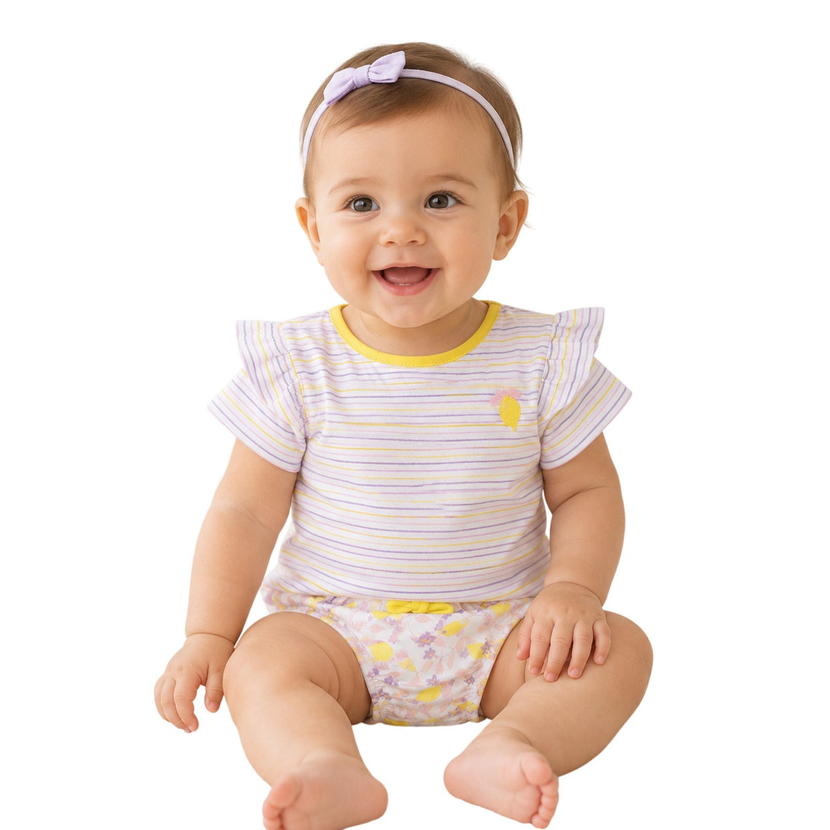 White-Yellow - Side - Carrement Beau Girls Striped Embroidered Ruffle T-Shirt