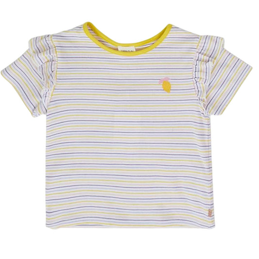 White-Yellow - Front - Carrement Beau Girls Striped Embroidered Ruffle T-Shirt