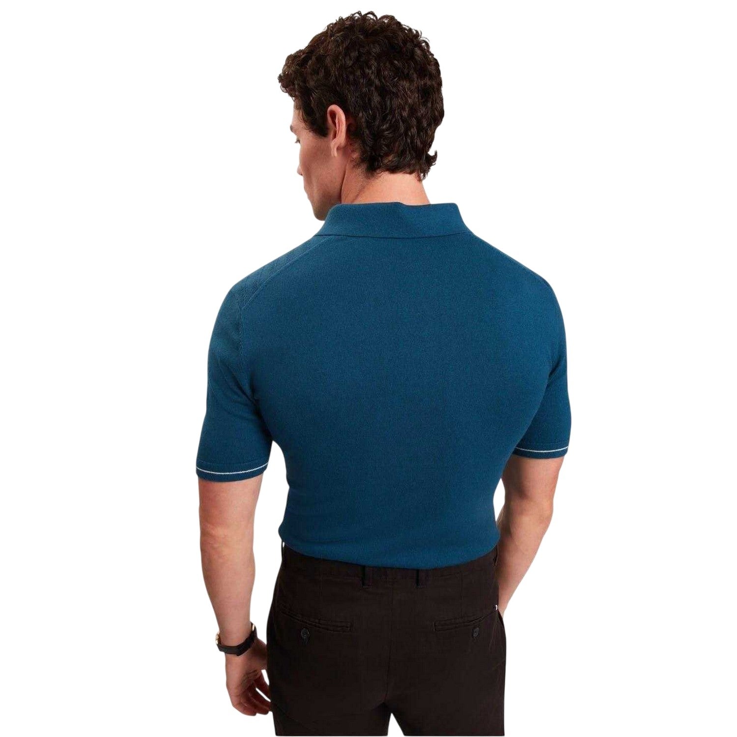 Navy - Back - Ted Baker Mens Chevron Knitted Short-Sleeved Polo Shirt
