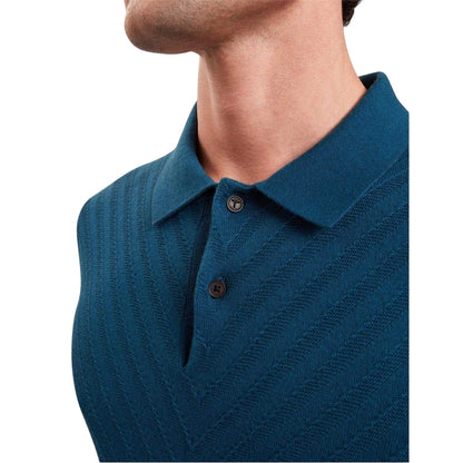 Navy - Side - Ted Baker Mens Chevron Knitted Short-Sleeved Polo Shirt