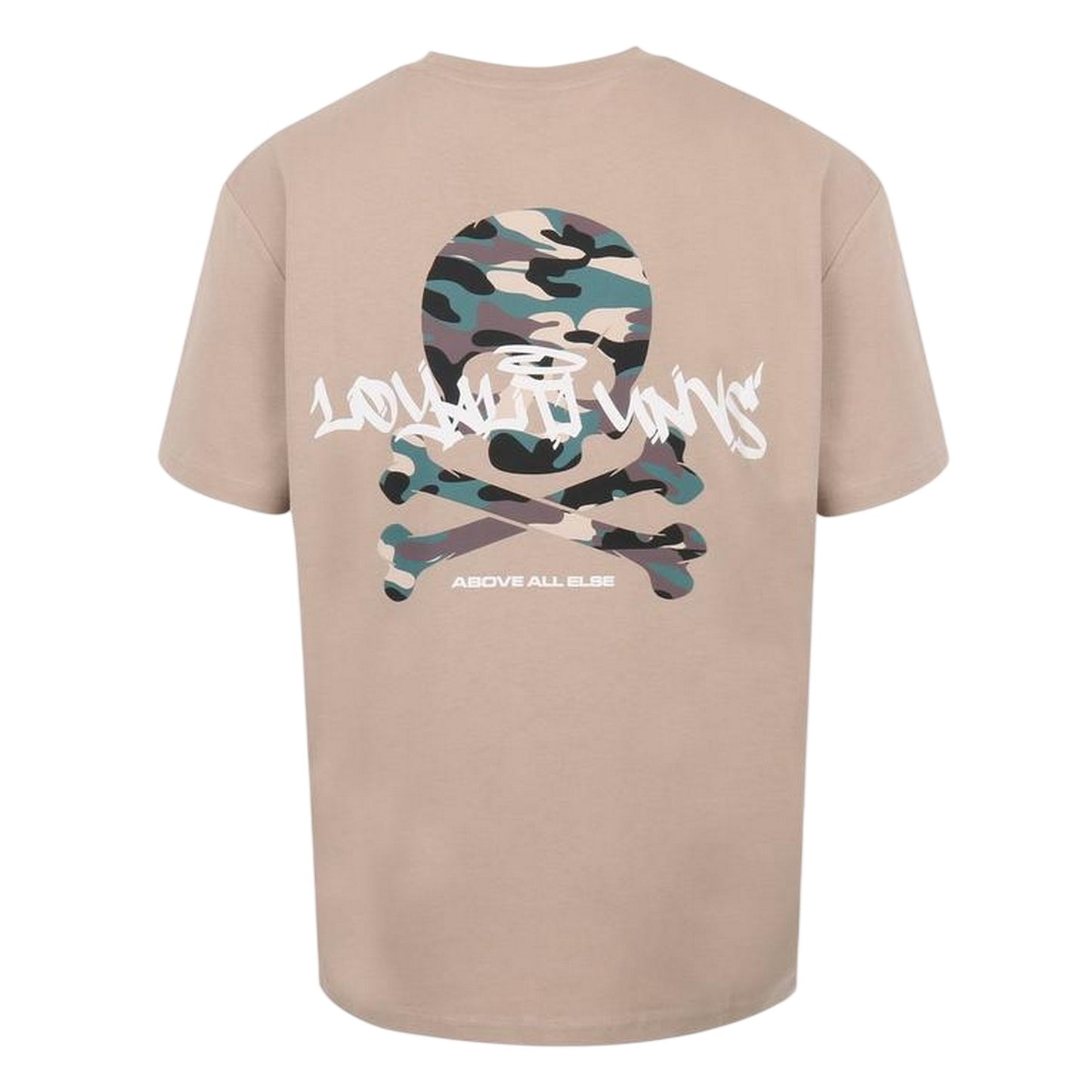 Cream - Back - Loyalti Mens Camo Skull Crew Neck T-Shirt