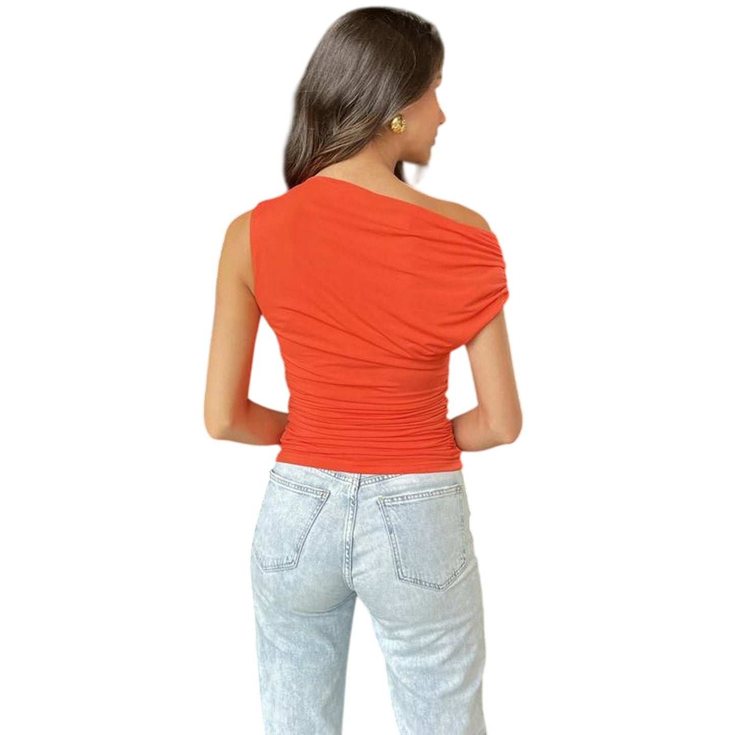 Burnt Orange - Back - Ax Womens-Ladies Ruched Waist One Shoulder Top
