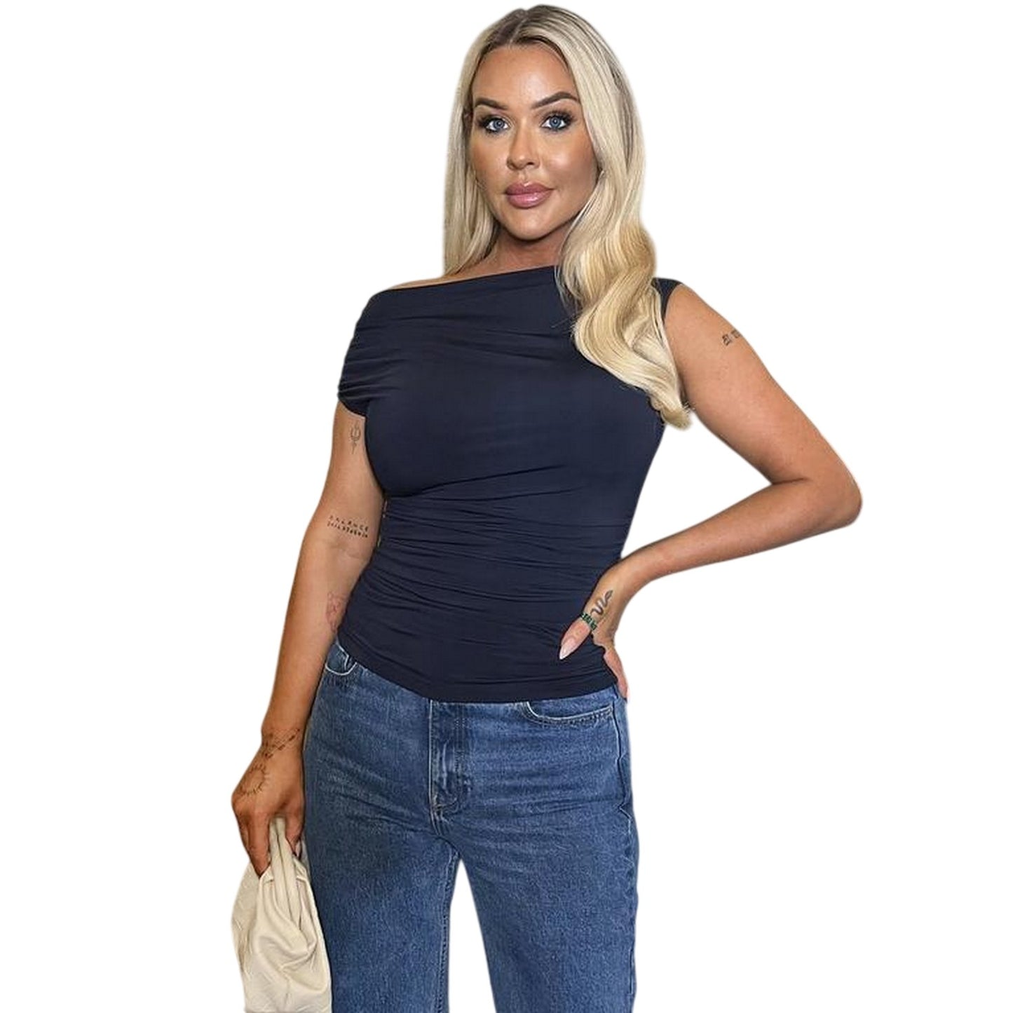 Navy - Front - Ax Womens-Ladies Ruched Waist One Shoulder Top