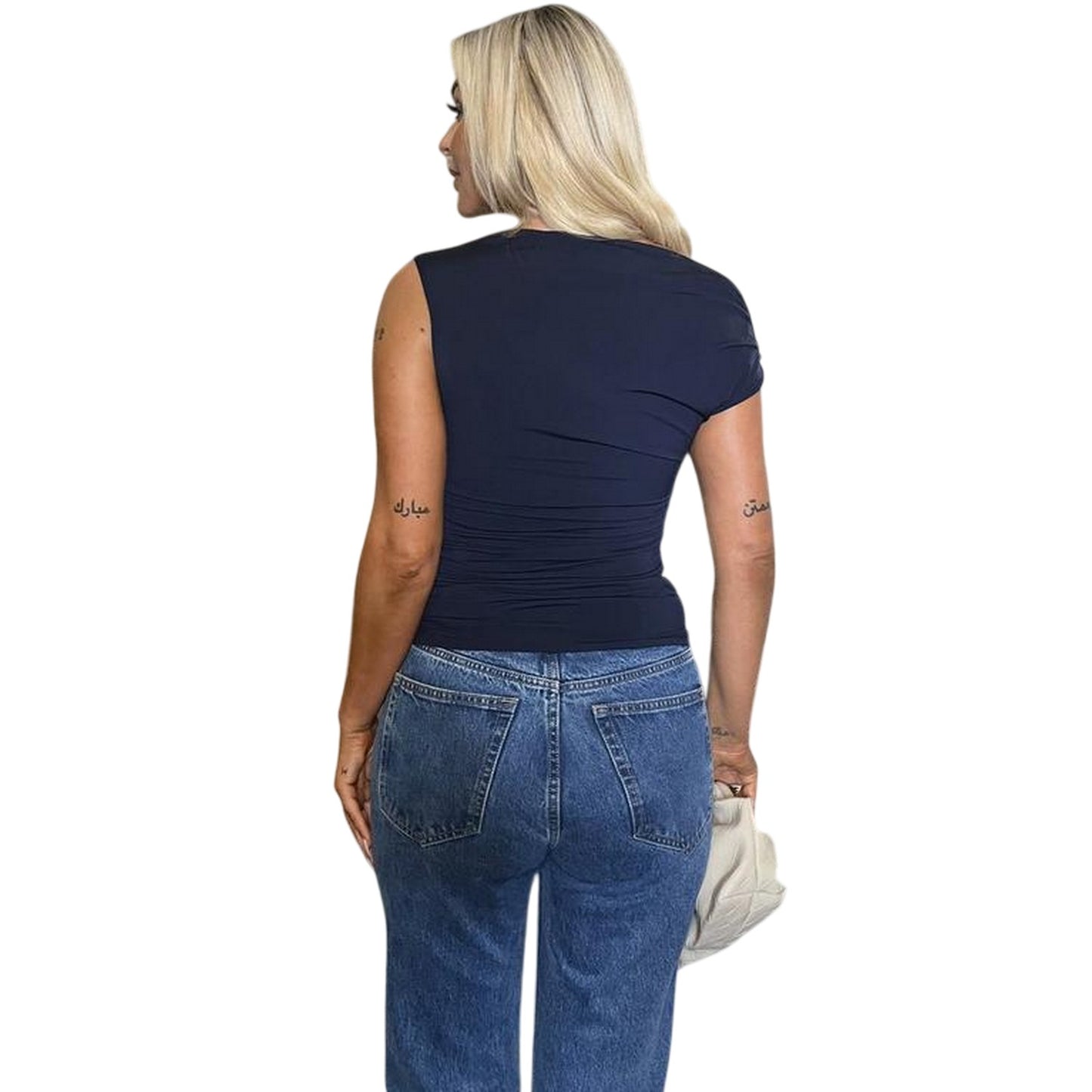 Navy - Back - Ax Womens-Ladies Ruched Waist One Shoulder Top