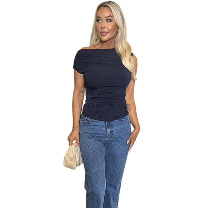 Navy - Side - Ax Womens-Ladies Ruched Waist One Shoulder Top
