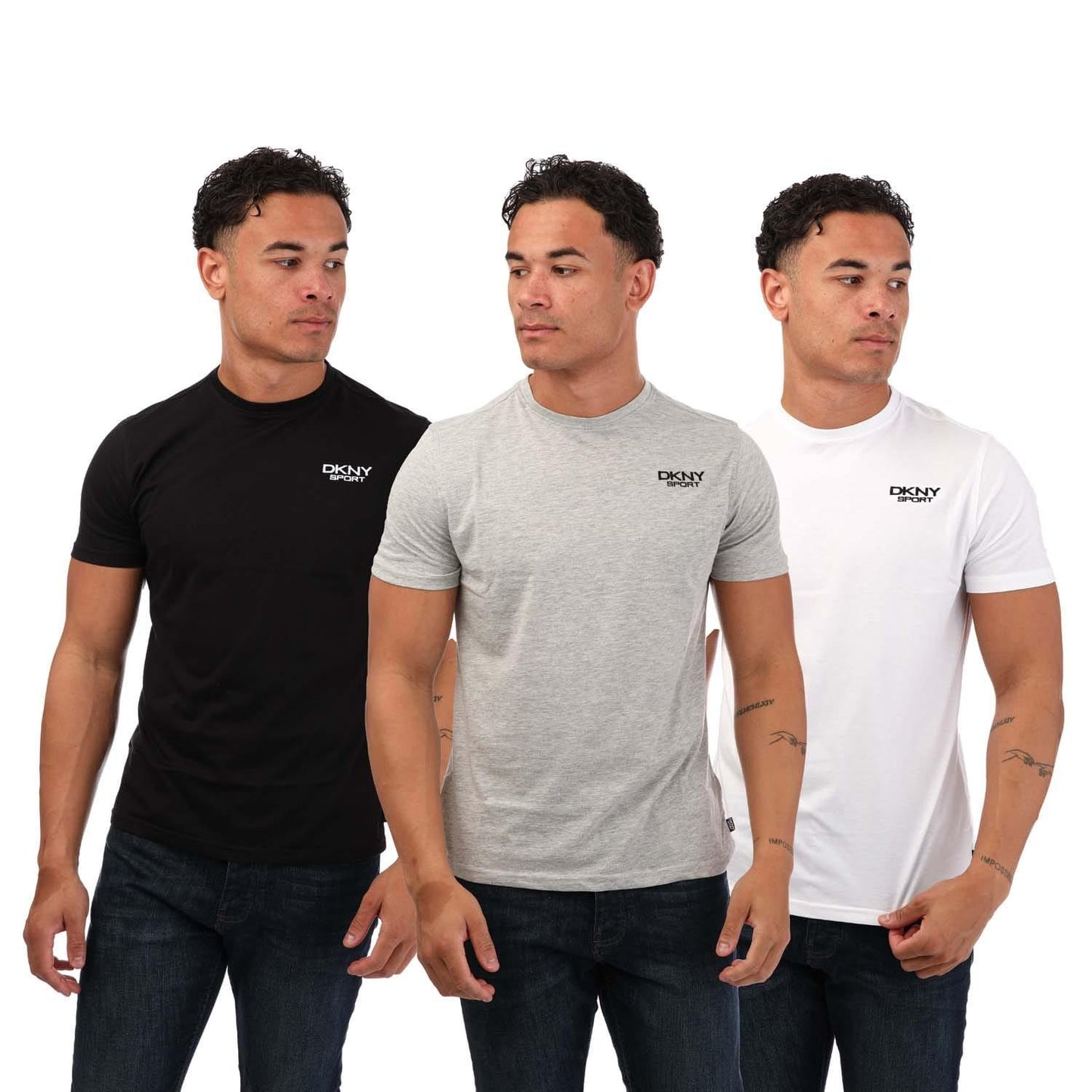 Black-Grey-White - Front - DKNY Mens Embroidered Logo T-Shirt (Pack of 3)