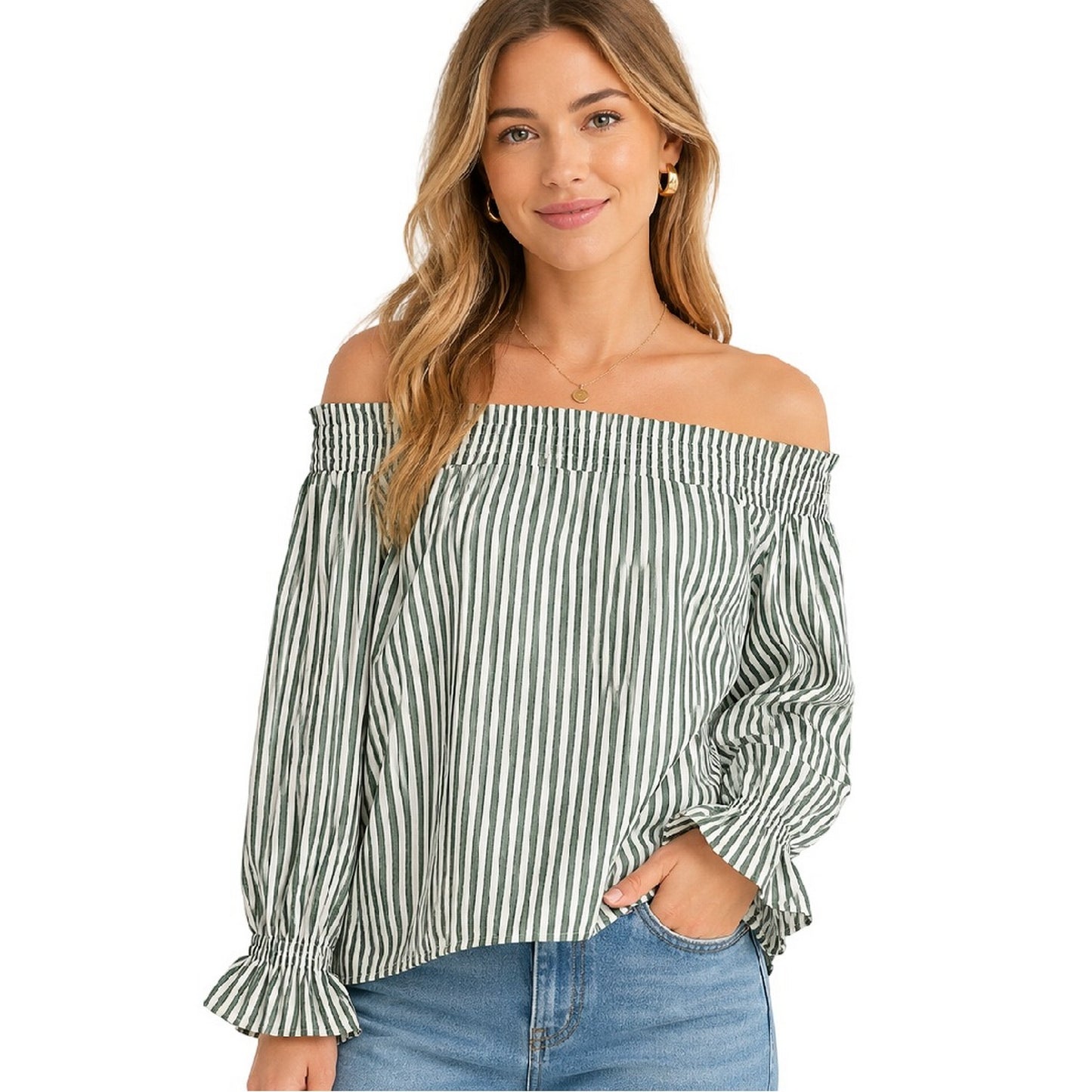 Snow White - Side - Vero Moda Womens-Ladies Striped Relaxed Fit Off-the-Shoulder Blouse