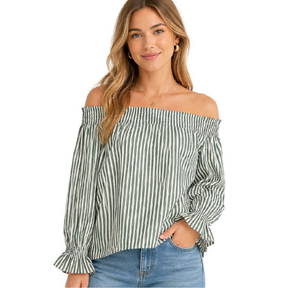Snow White - Side - Vero Moda Womens-Ladies Striped Relaxed Fit Off-the-Shoulder Blouse