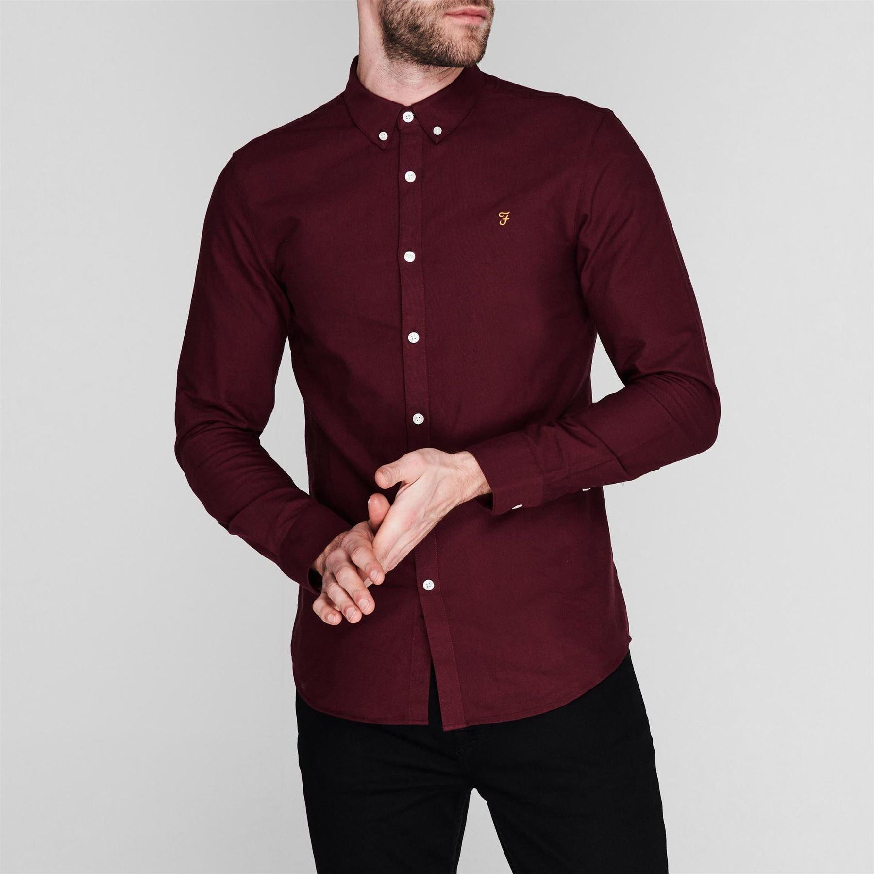 Burgundy - Side - Farah Mens Vintage Oxford Long-Sleeved Button-Down Shirt