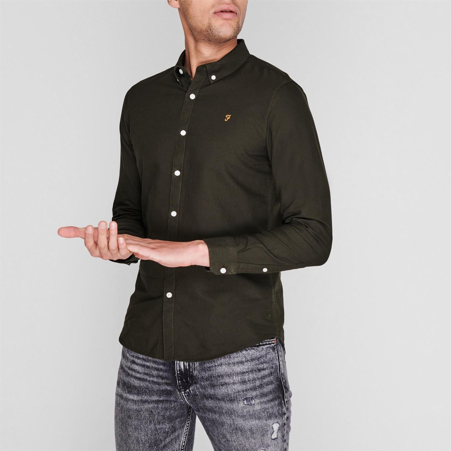 Dark Green - Side - Farah Mens Vintage Oxford Long-Sleeved Button-Down Shirt