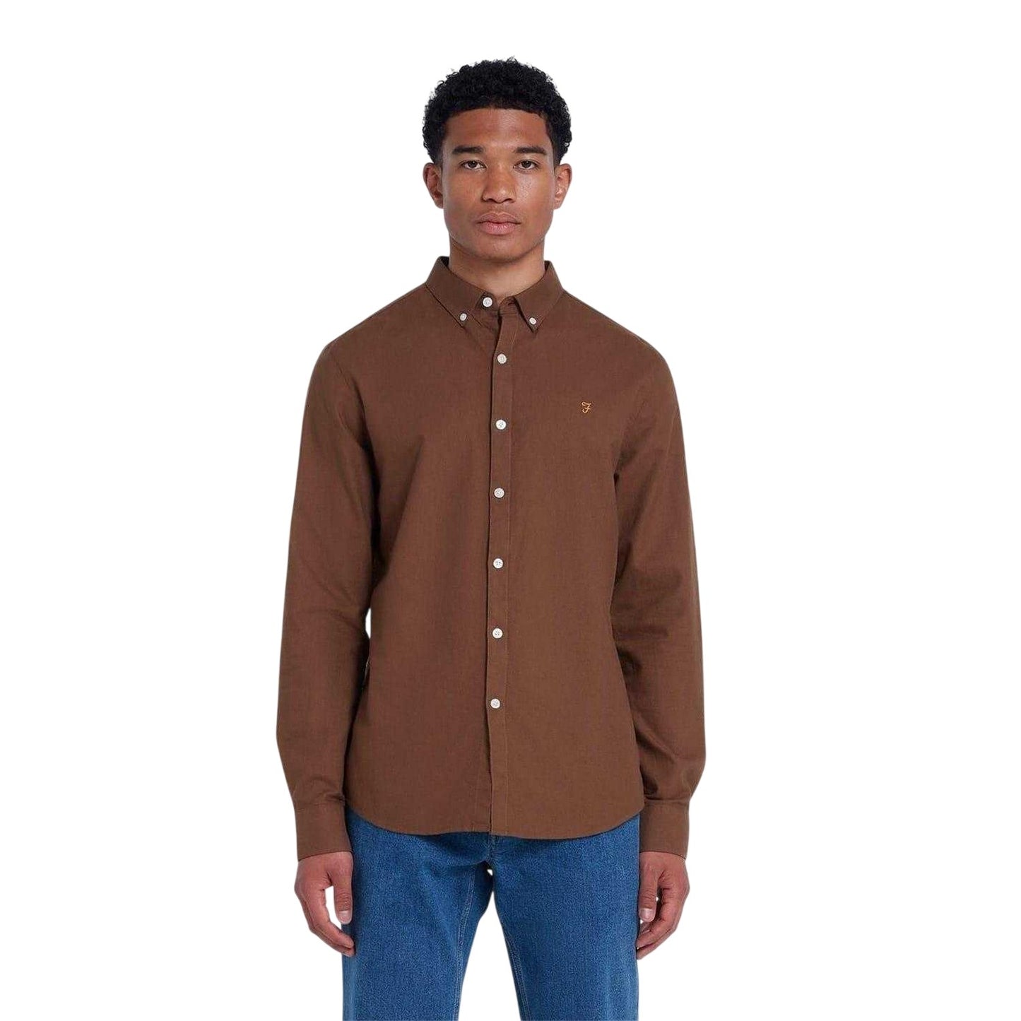 Mid Brown - Front - Farah Mens Vintage Oxford Long-Sleeved Button-Down Shirt